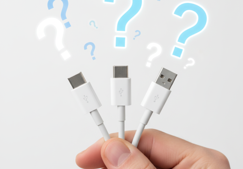 Main tenant plusieurs câbles USB avec points d'interrogation symbolisant la confusion
