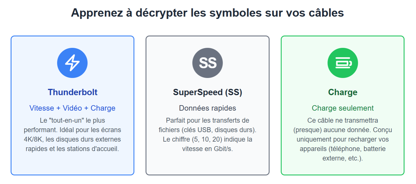 Guide signification logos câbles USB Thunderbolt SuperSpeed et Charge
