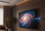 Salon home cinéma avec téléviseur 8K et câble vidéo haute vitesse connecté
