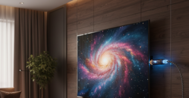Salon home cinéma avec téléviseur 8K et câble vidéo haute vitesse connecté