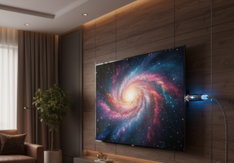 Salon home cinéma avec téléviseur 8K et câble vidéo haute vitesse connecté