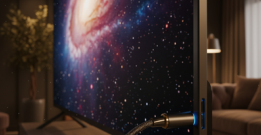 Téléviseur 8K haute définition avec câble vidéo haute performance connecté sur le coté