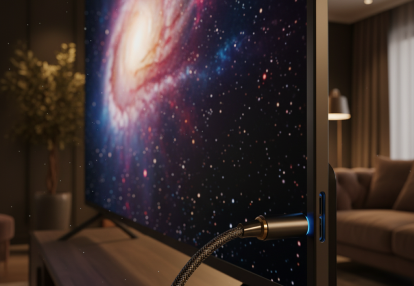 Téléviseur 8K haute définition avec câble vidéo haute performance connecté sur le coté