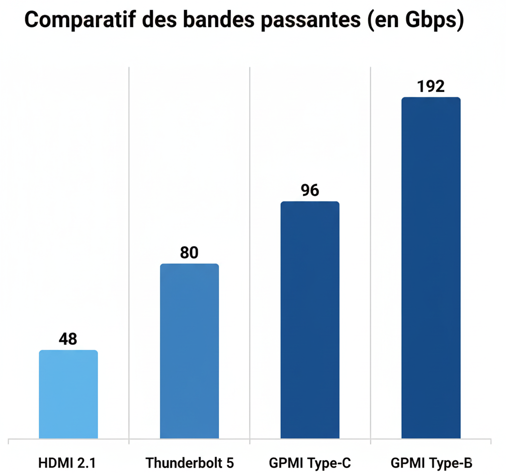 Graphique comparatif vitesse bande passante HDMI 2.1 Thunderbolt 5 et GPMI