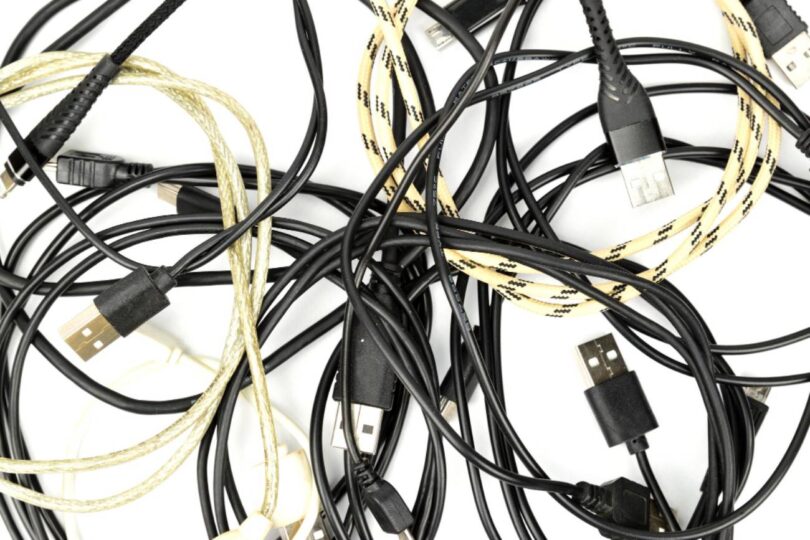 Enchevêtrement de vieux câbles de chargement USB-C, Micro-USB et Lightning, certains noirs et d'autres tressés en nylon jaune, illustrant le stock de câbles inutilisés à recycler ou à détourner.