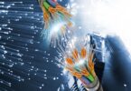 Vue rapprochée de fibres optiques multicolores sectionnées montrant le cœur en verre et les gaines de protection sur un fond numérique bleu.