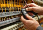 Technicien utilisant un testeur de réseau numérique pour vérifier la continuité et la conformité du câblage sur un panneau de brassage informatique.