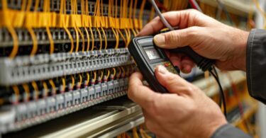 Technicien utilisant un testeur de réseau numérique pour vérifier la continuité et la conformité du câblage sur un panneau de brassage informatique.