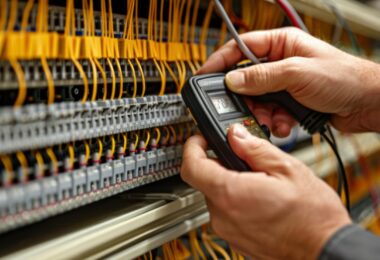 Technicien utilisant un testeur de réseau numérique pour vérifier la continuité et la conformité du câblage sur un panneau de brassage informatique.