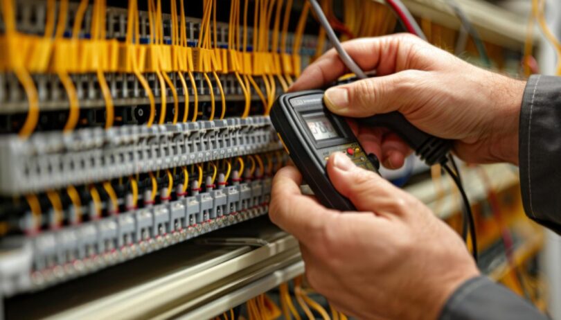 Technicien utilisant un testeur de réseau numérique pour vérifier la continuité et la conformité du câblage sur un panneau de brassage informatique.