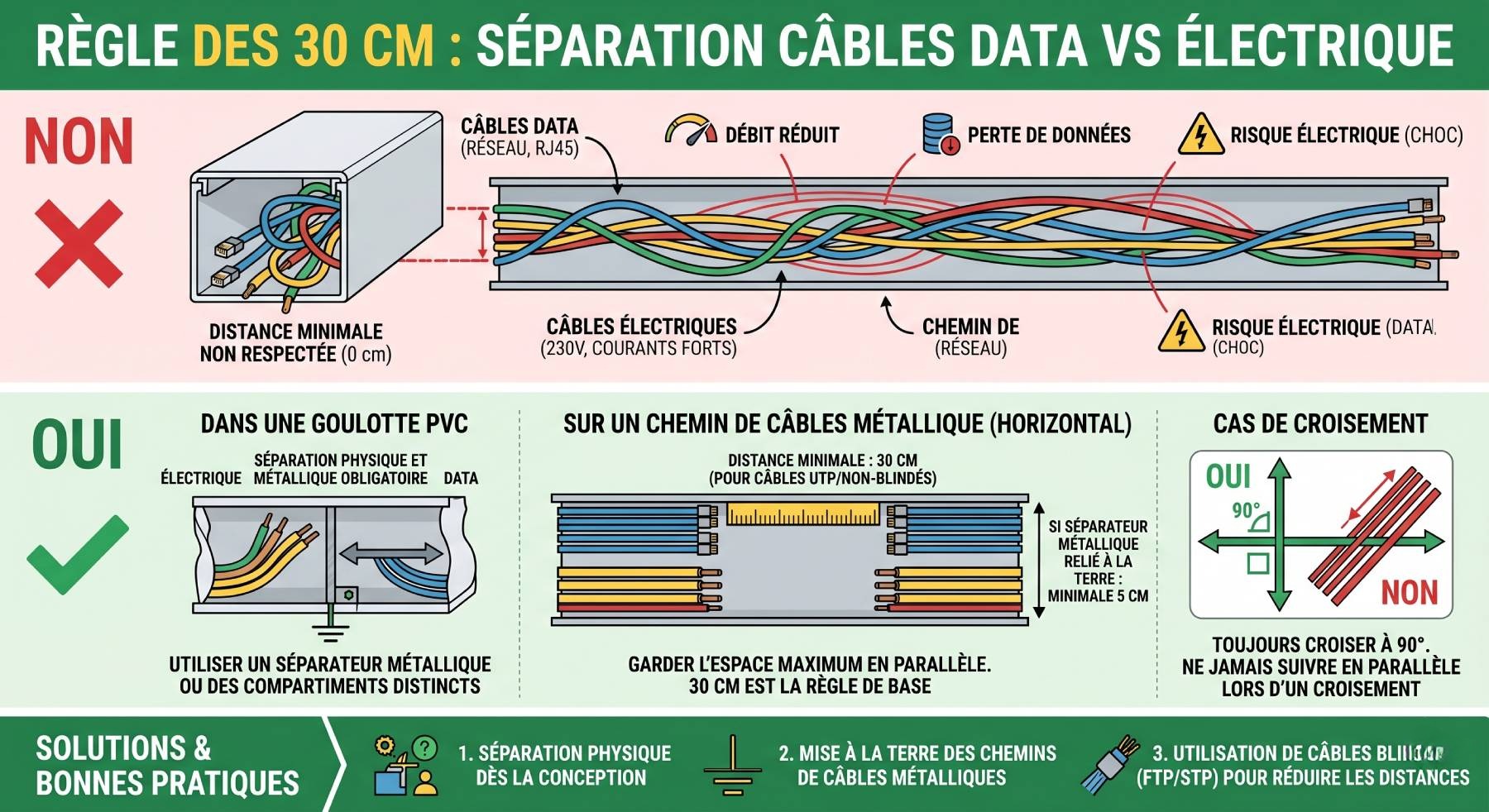 Schéma règle des 30 cm de séparation entre câbles data RJ45 et câbles électriques 230 V selon la norme TIA/EIA-569 : mauvais usage en goulotte commune, bonnes pratiques en goulotte cloisonnée, chemin de câbles métallique relié à la terre et croisement à 90 degrés.