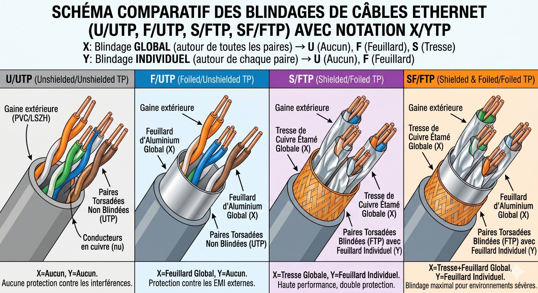 Schéma comparatif en coupe transversale des 4 types de blindages câbles Ethernet : U/UTP non blindé, F/UTP feuillard aluminium global, S/FTP tresse cuivre globale + feuillard par paire, SF/FTP double blindage avec notation X/YTP normalisée ISO/IEC 11801.